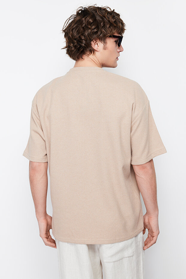 Camel Oversize/Geniş Kesim Bisiklet Yaka Kısa Kollu Basic Dokulu T-shirt TMNSS22TS00049 - 2