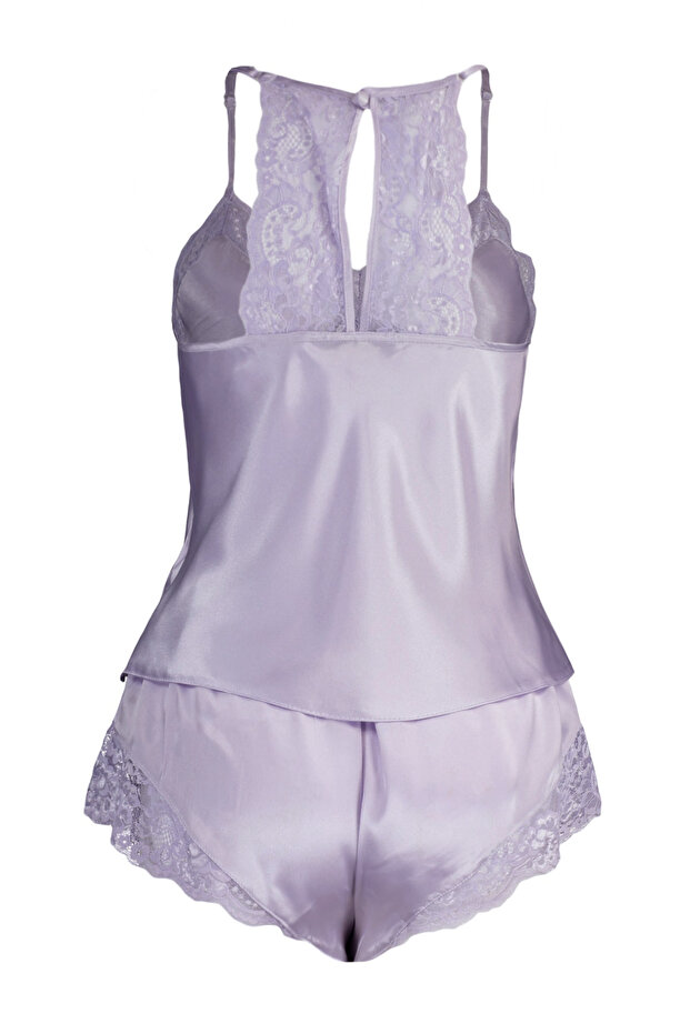 Lila Dantelli İp Askılı Saten Şortlu Dokuma Pijama Takımı THMSS22PT0269 - 9