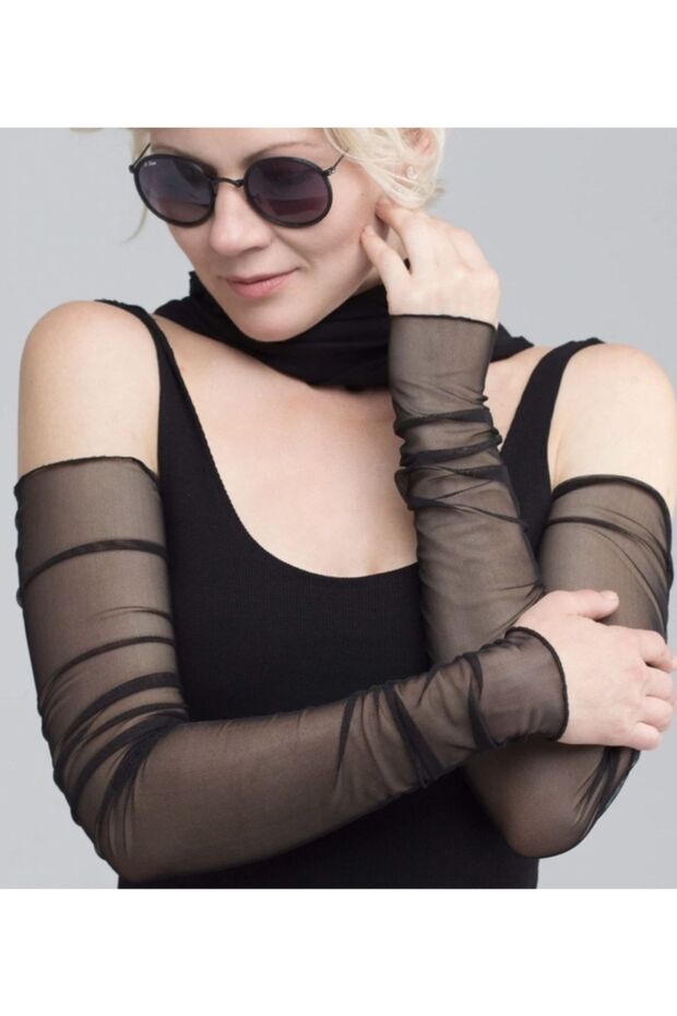 Lycra Tulle Black Fingerless Evening Gloves Pınar Black Lycra Transparent Tulle Sleeve Fingerless Long