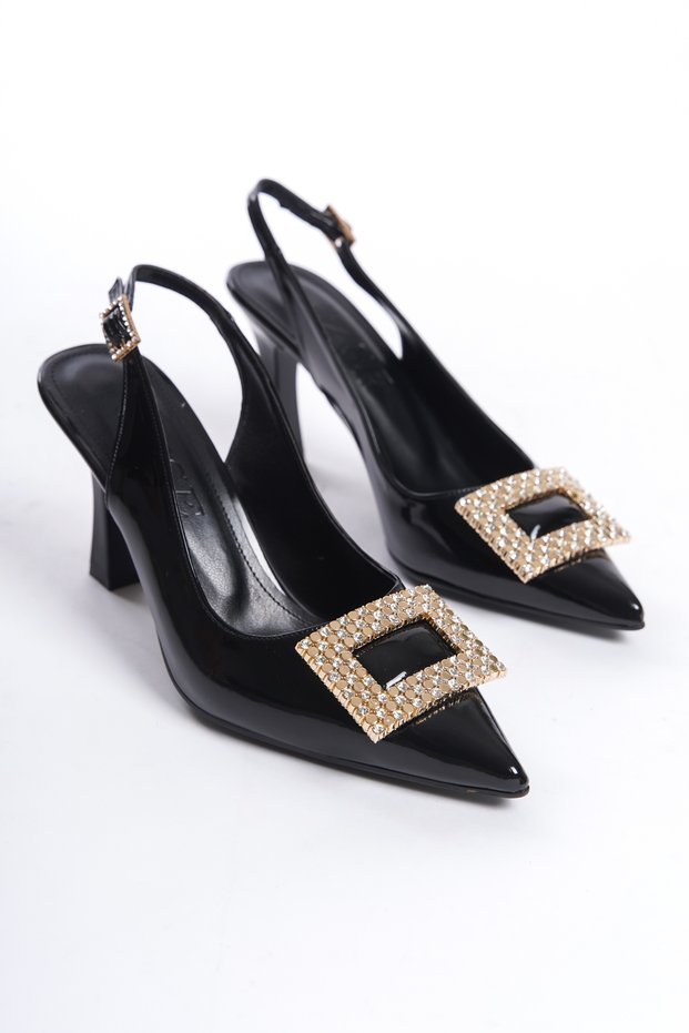 Black Patent Leather Jewelled Buckle Detailed High Heeled Women's Shoes & Evening Dress Shoes