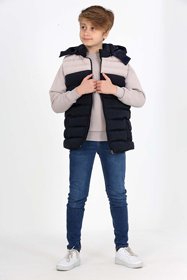 Navy Blue Boy's Double Color Inflatable Vest with Extra Fiber Filling
