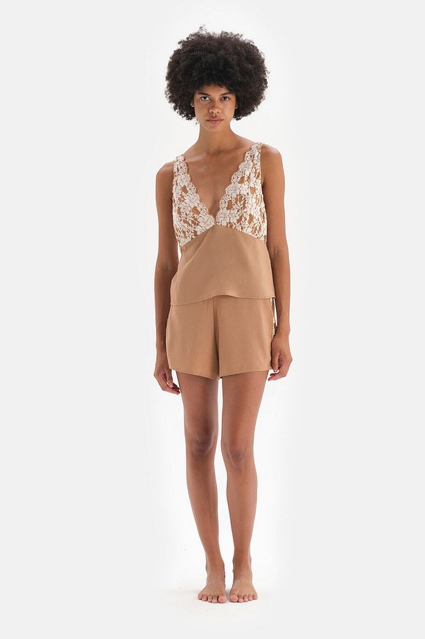 Kahverengi Kadife Şerit Detaylı Dantelli Şort Pijama Altı - 6