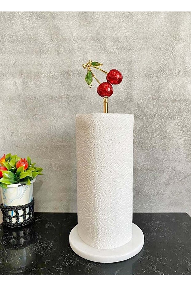 White Round Marble Decorative Roll Paper Towel Holder with Gold Red Cherry Accessories