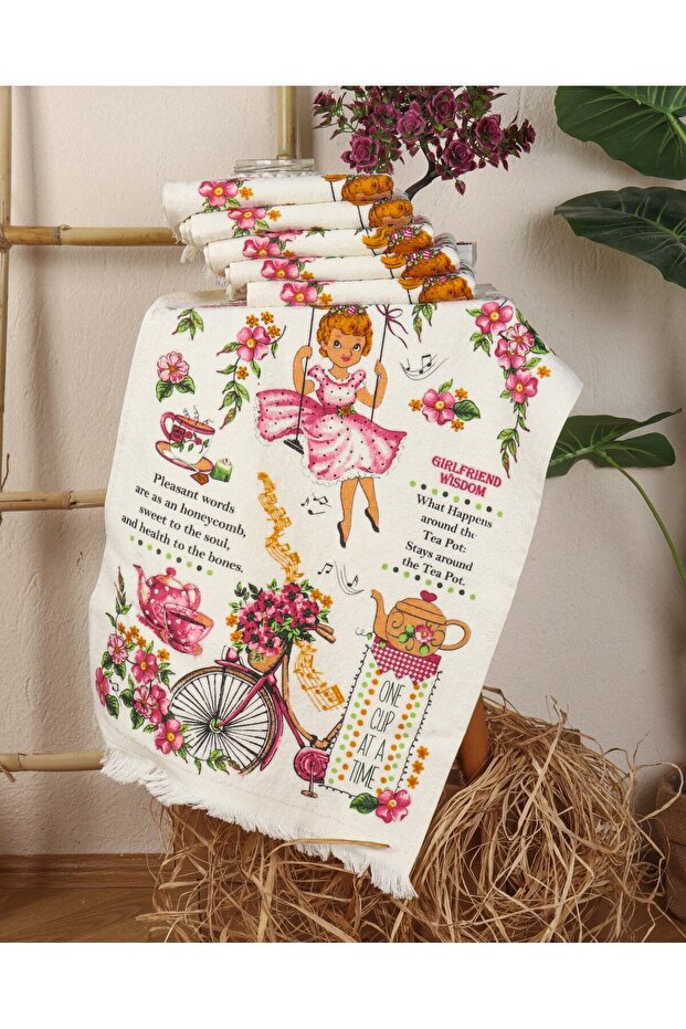 Fringed Kitchen Towel Model Printed Velvet Kitchen Towel Set of 6 GIRL ON A BICYCLE