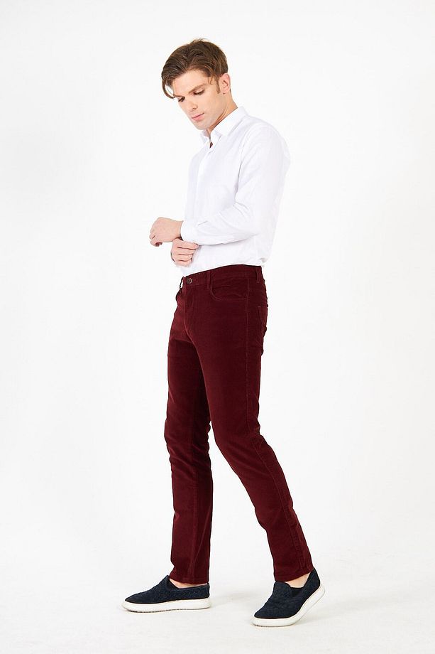 Kadife Bordo Erkek Regular Fit 5 Cep Pantolon - 4