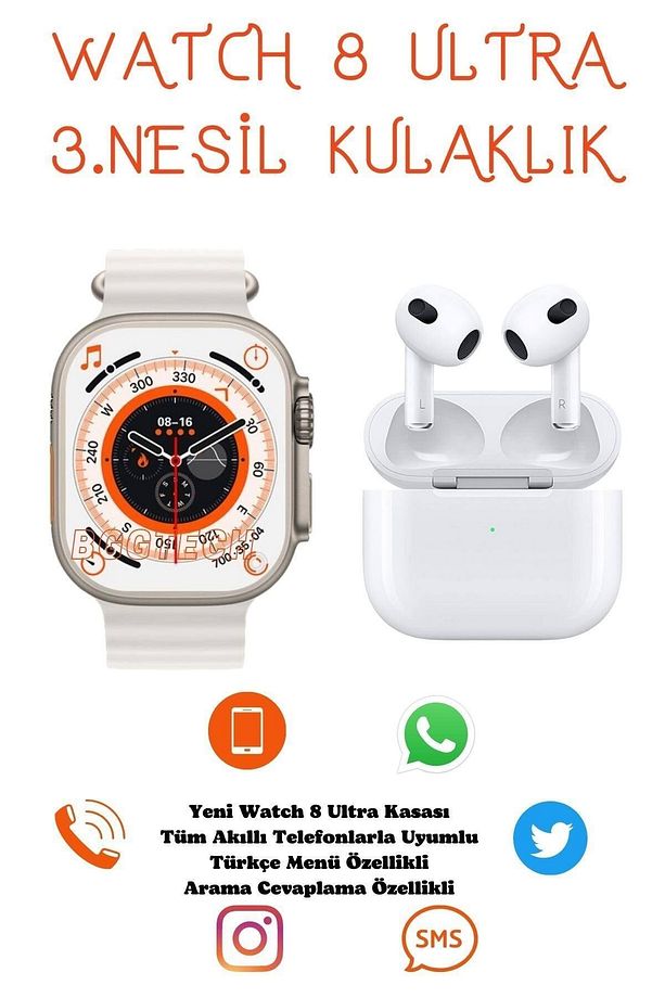 Iphone 13 Pro Uyumlu Watch 8 Ultra T800 Ultra Akıllı Saat + 3.nesil Kablosuz Bluetooth Kulaklık - 1
