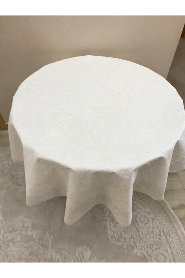 مفرش طاولة دائري من مادة PVC بتصميم دانتيل أبيض بقطر 150 سم