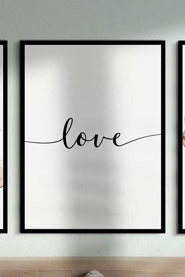 Love Temalı Siyah Çerçeve Görünümlü 3 Parça Mdf Tablo Seti Modern Mdf Baskı Mdf Duvar Tablosu - 3