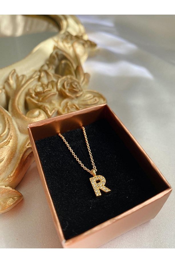 Zirkon Taşlı Minimal Gold R Harfli Kolye - 1