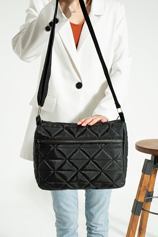 Women's Black Quilted Patterned Women's Postman Crossbody Shoulder and Shoulder Bag