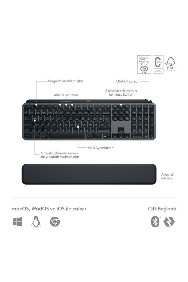 MX Keys Combo Bilek Destekli Türkçe Klavye ve Mouse Seti 920-011615 - 2
