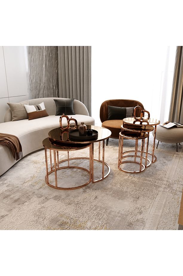 Yavrulu Orta Sehpa Ve 3' Lü Zigon Bronz Ayak Bronz Ayna - 1