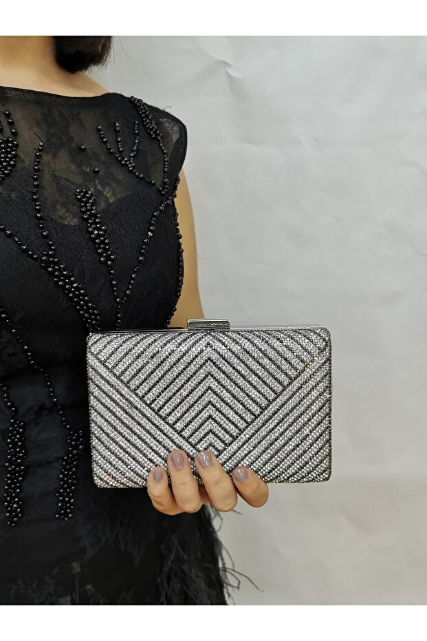 Women's Silver Stone Evening Dress Clutch Portfolio Handbag Wedding Engagement Bag