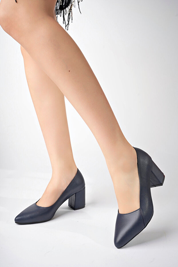 Genuine Leather Navy Blue Women's Heeled Leather Shoes Shn-0101