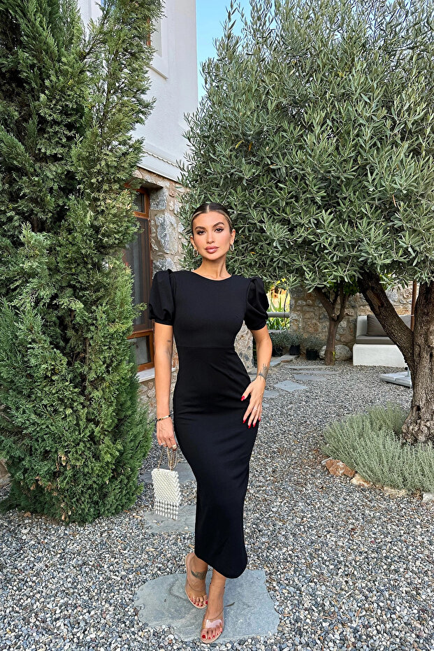 Siyah Sırt Detay Basic Elbise - 4