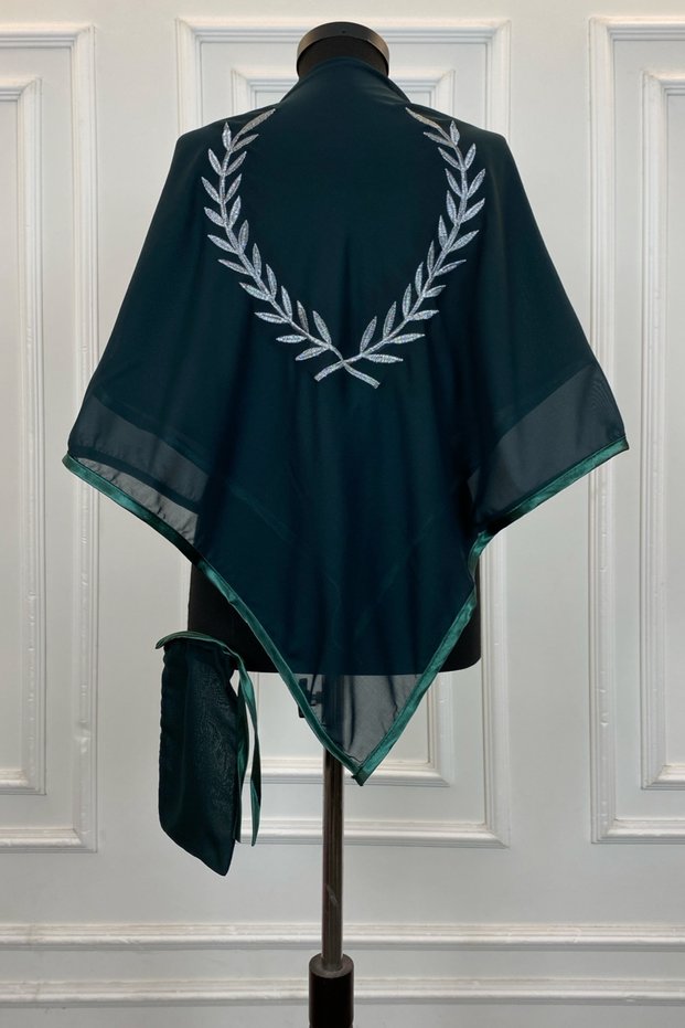 Green Chiffon Luxury Groom Shoulder Cover, Silver Branch Pattern Embroidery, Groomsman Soldier Henna Cover Shawl Veil
