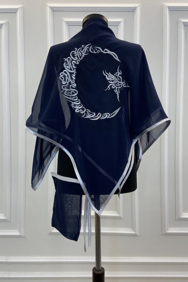 Navy Blue Chiffon Luxury Groom Shoulder Cover, Silver Crescent and Star Embroidery, Groomsmen Bridesmaid Henna Soldier Shawl Veil
