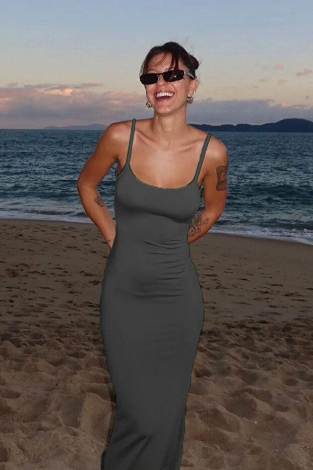 BUCHAFİT Füme Uzun Asklı Basic Elbise - 1