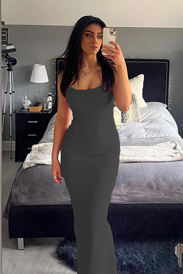 BUCHAFİT Füme Uzun Asklı Basic Elbise - 2