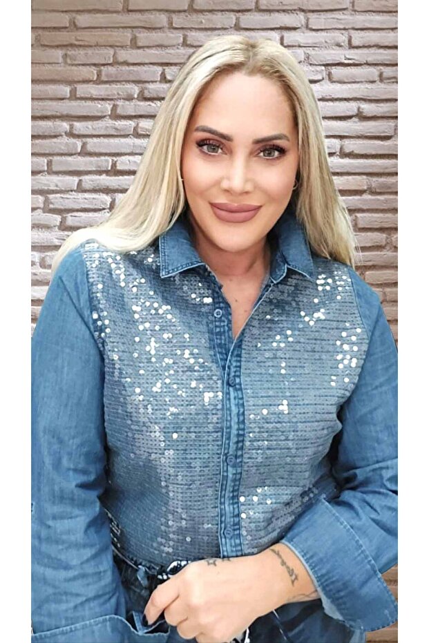 Önü Payetli Denim Gömlek - 1
