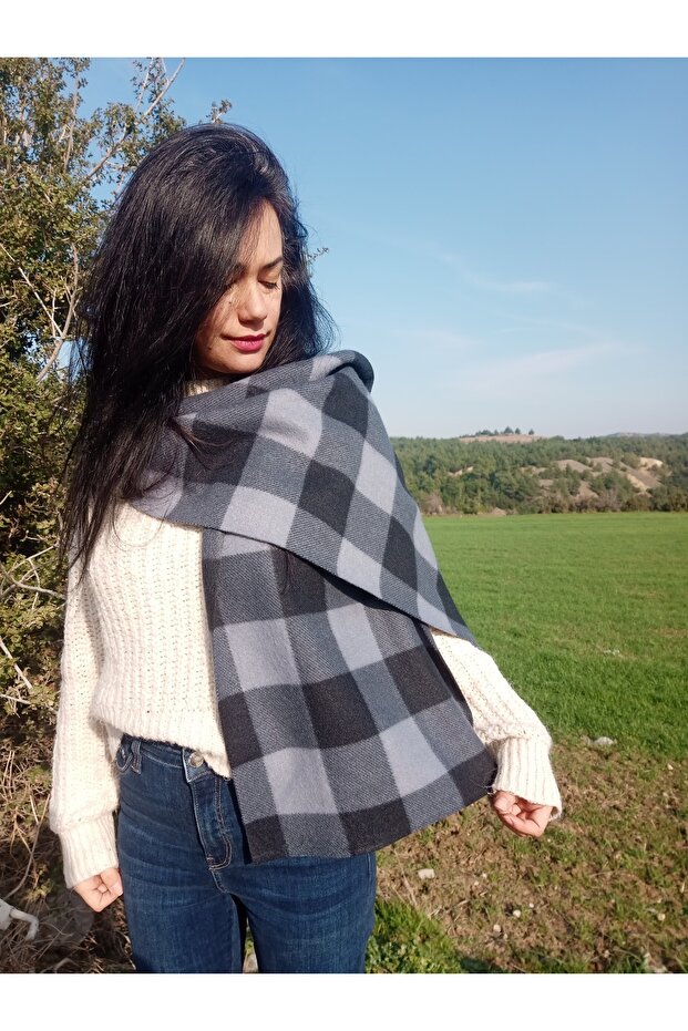 Fleece Scarf, Checkered Scarf, Plaid Scarf, Neck Collar, Thick Scarf, Navy Blue Scarf