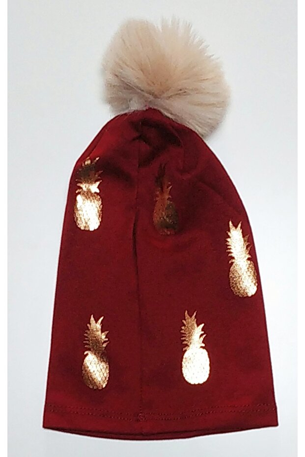 Ponponlu Esnek Örme Penye Anans Parlak Baskılı Kız Bebek Bere - 2