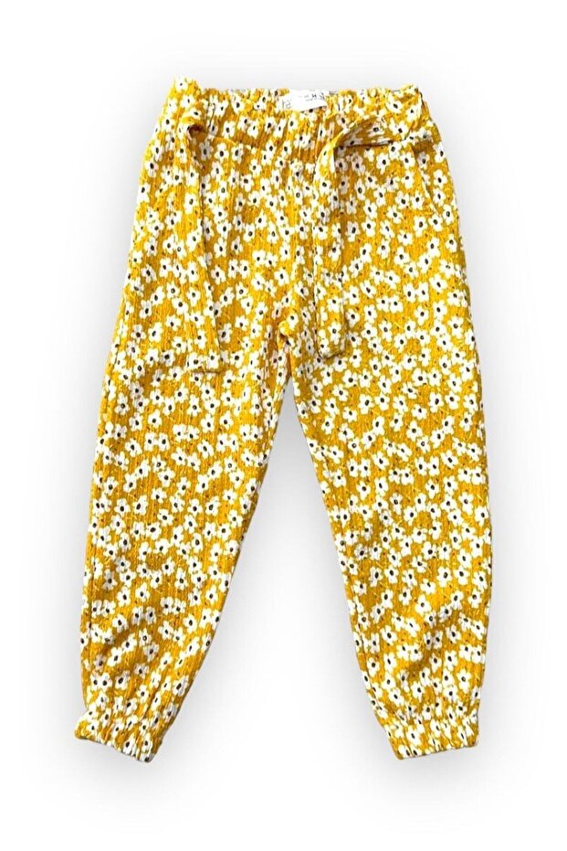 Flower Patterned Elastic Waist Crinkle Fabric Girl's Trousers