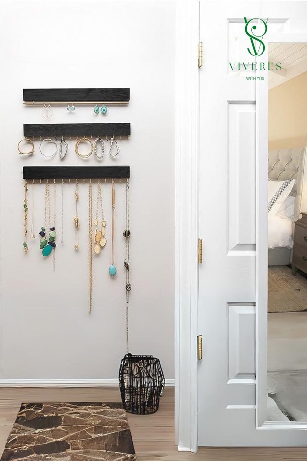 Set of 3 Black Color Wooden Jewelry Organizer Necklace Bracelet Watch Glasses Wall Hanger Organizer
