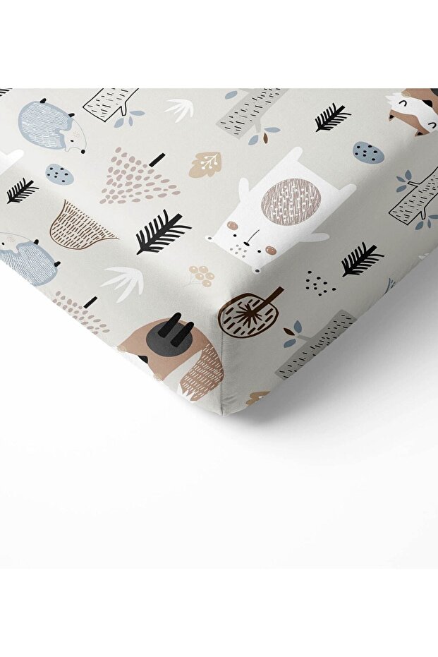 Gray Single Bear and Fox Patterned Fitted Sheet Set - 3