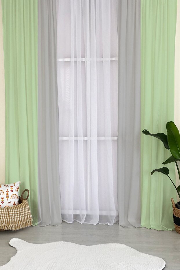 Nordic Style Soft Green and Gray Gradient Decorative Children's Room Background Curtain
