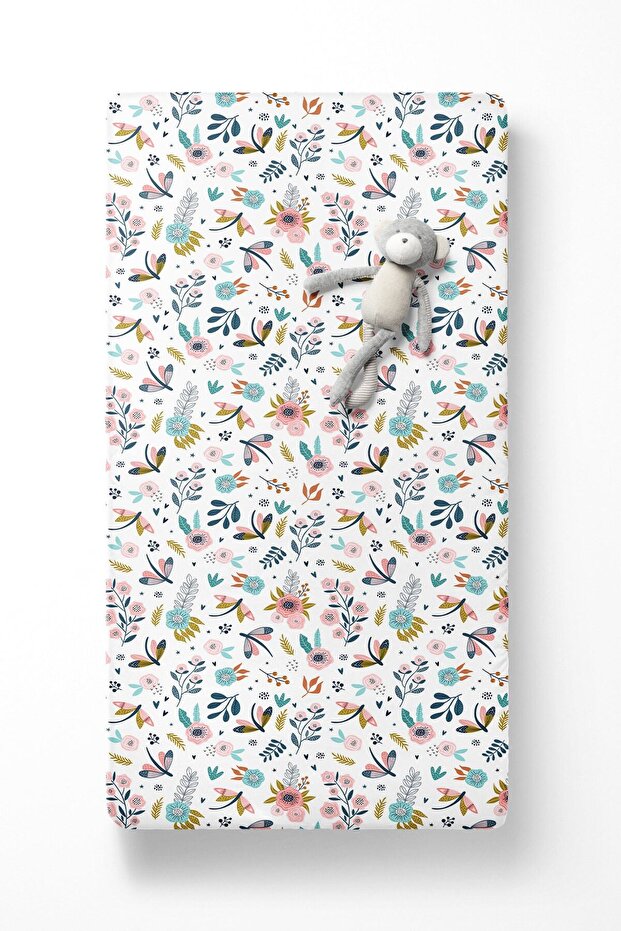 White Single Fitted Sheet Set - Floral Pattern Printed - 2