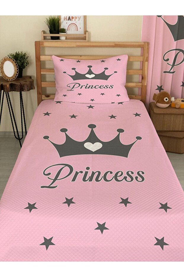 Princess Crown Patterned Baby and Kids Printed Single Pique Set 160X220 Pink