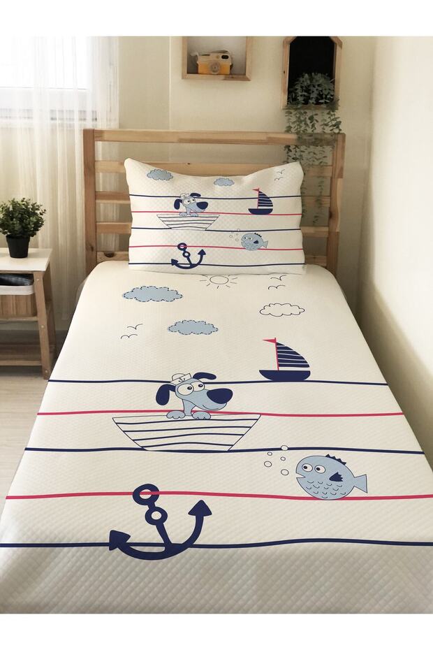 Dog in a Boat Patterned Baby and Kids Printed Single Pique Set 160 X 220 cm White