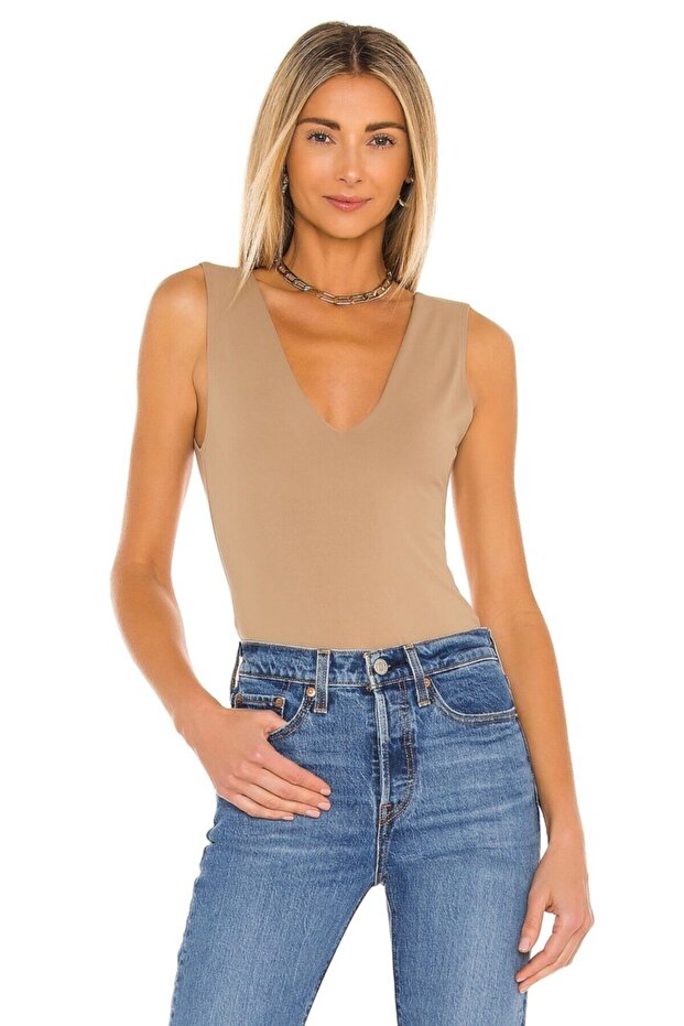Women's V Neck Sleeveless Back Low-Cut Silk Jersey Bodysuit