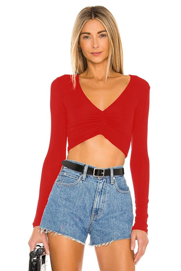 Women's Red V-Neck Crop Top