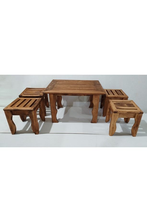 Ahşap Bahçe Takımı, 4+1 Ahşap Sehpa ve Tabure, Balkon & Teras Oturma Grubu, Eskitme Boyalı - 2