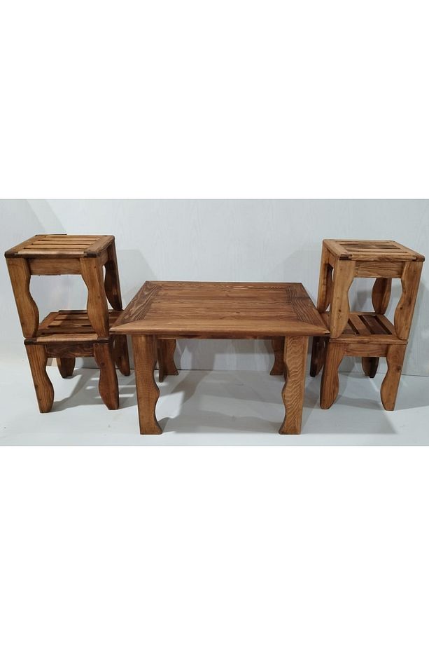 Ahşap Bahçe Takımı, 4+1 Ahşap Sehpa ve Tabure, Balkon & Teras Oturma Grubu, Eskitme Boyalı - 3