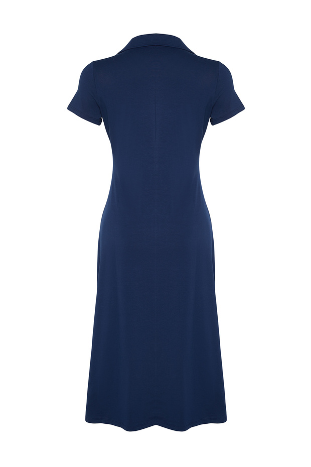Lacivert Polo Yaka Skater/Belden Açılan Pamuklu Esnek Örme Midi Elbise TWOSS24EL00480 - 8