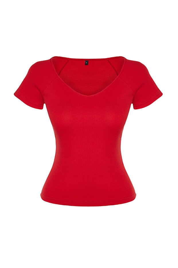 Kırmızı Fitted/Vücuda Oturan Fitilli Pamuk Esnek Örme Bluz TWOSS21BZ0579 - 7