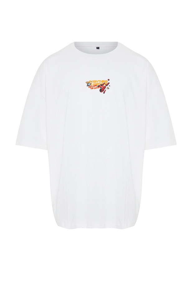 Beyaz Oversize/Geniş Kesim Uzay Baskılı %100 T-Shirt TMNSS24TS00085 - 7
