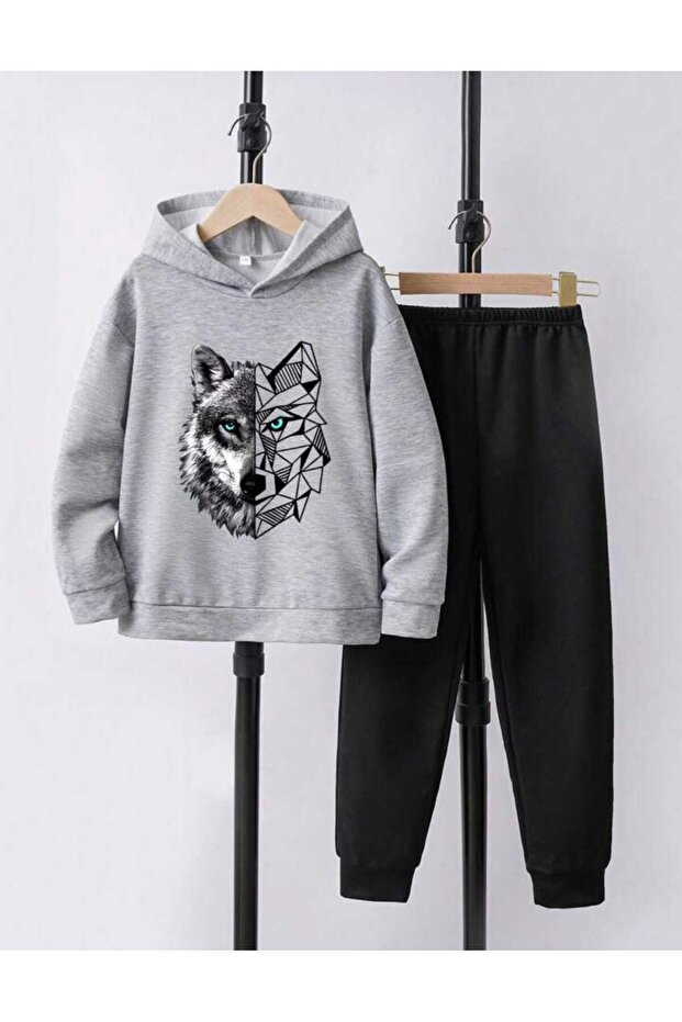 Boy/Girl's Wolf Printed Gray Black Tracksuit Set