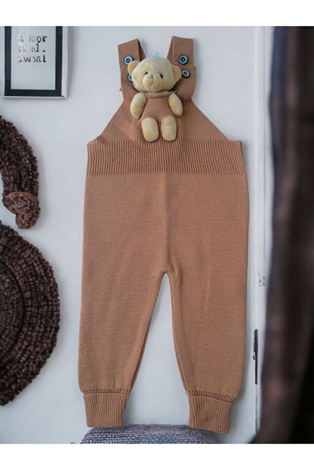 Buttoned Baby Kids Knitwear Salopet with Teddy Bear Light Pink