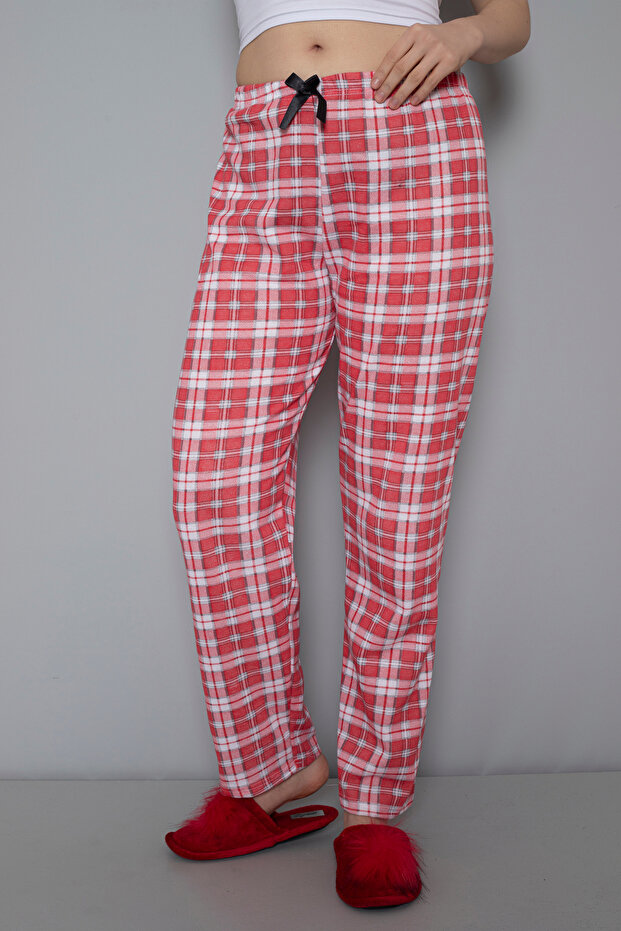 Two Thread Raised Thick Fabric Ribbon Waist Detailed Printed Women's Pajama Bottoms
