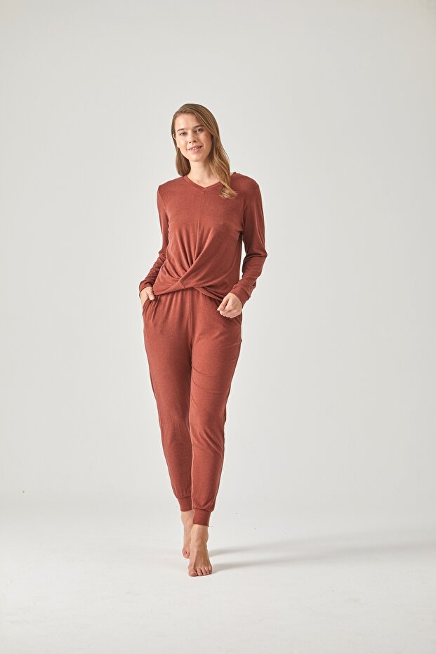 KAŞMİR KAHVERENGİ ÖNDEN MODELLİ PİJAMA TAKIMI - 1