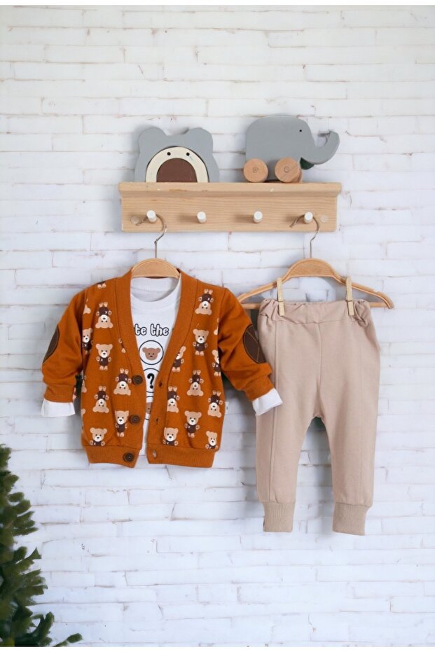 Teddy Bear Printed Baby Boy Seasonal 3-Piece Cardigan Set