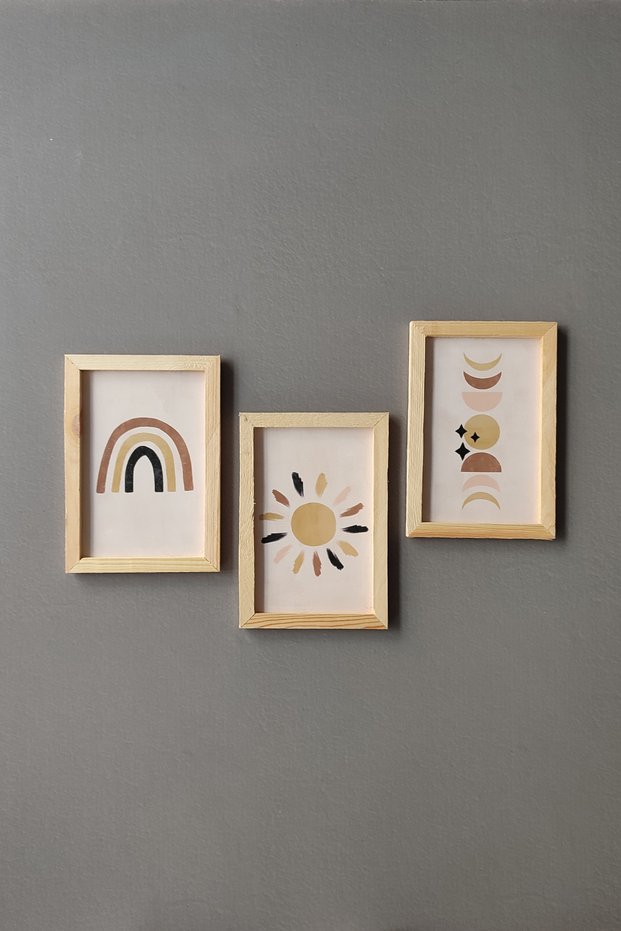 Kids Room Wooden Framed Painting Set, 3 Piece Minimalist Decor Set
