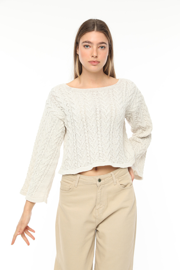 Women's Ecru Spanish Sleeve Openwork Fine Knitwear Sweater