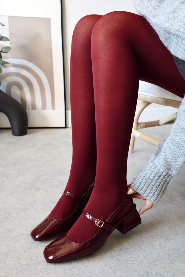 Women's Audrey Claret Red Patent Leather Open Back Square Toe Helmet Short Block Heeled Cherry Red Shoes
