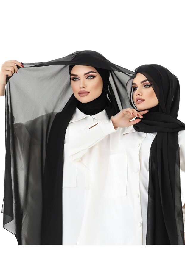 Practical Neck-Covering Chiffon Ready-To-Wear Shawl, Umrah Shawl with Ninja Bonnet, Black Shawl