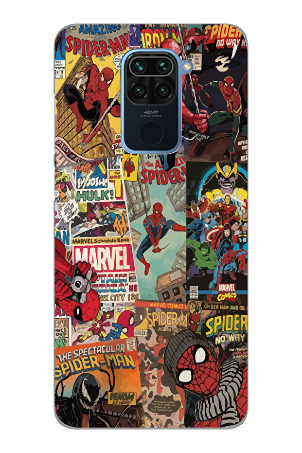 Xiaomi Redmi Note 9 Compatible Spiderman Collage Patterned Transparent Phone Case - 1
